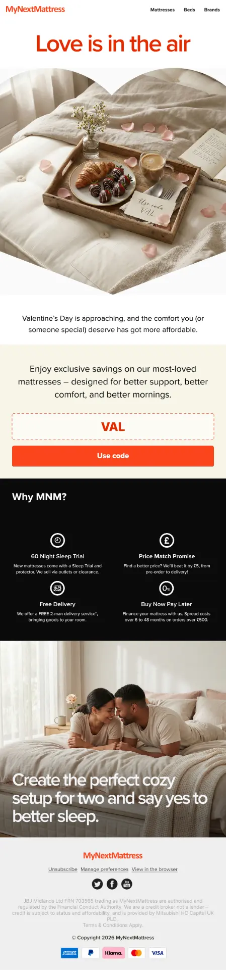 MyNextMattress Valentine's Day campaign email